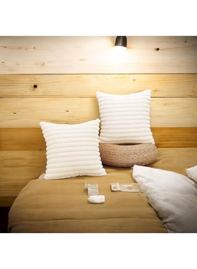 SaharaEG Throw Pillow Covers 45x45 cm Set of 2, Double-Sided Luxury Soft Fluffy Striped Decorative Cushion Covers for Sofa, Couch & Living Room – Creamy White - Image 2